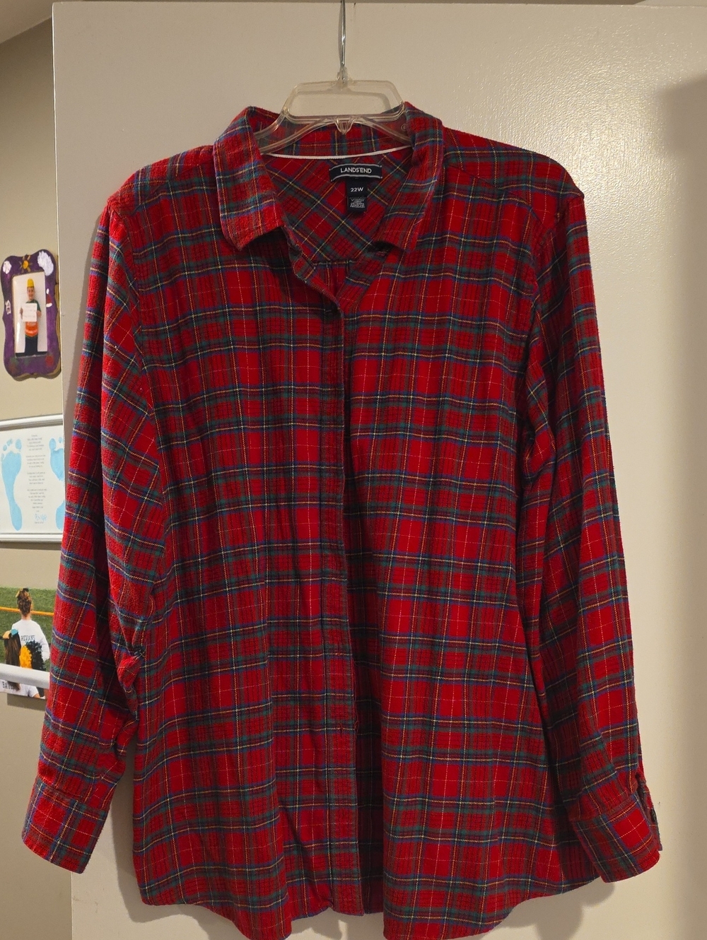 Lands' End Red Plaid Flannel Shirt with Green and Navy Accents